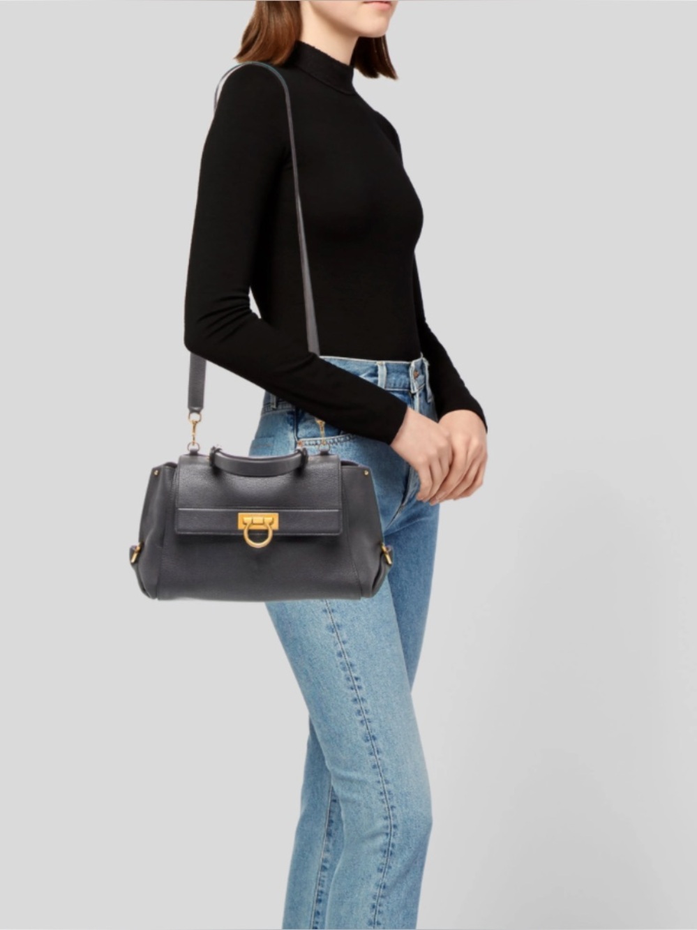 Salvatore Ferragamo Sofia Black Leather Shoulder Bag with Gold Hardware 15”x8”
